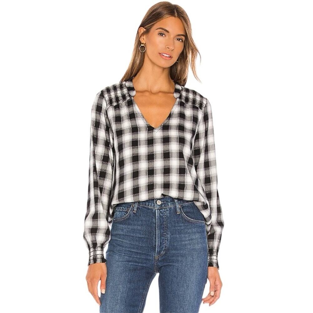 Bella Dahl Boho Western Plaid Cotton Smocked Yoke Stargazer Blouse Size Small